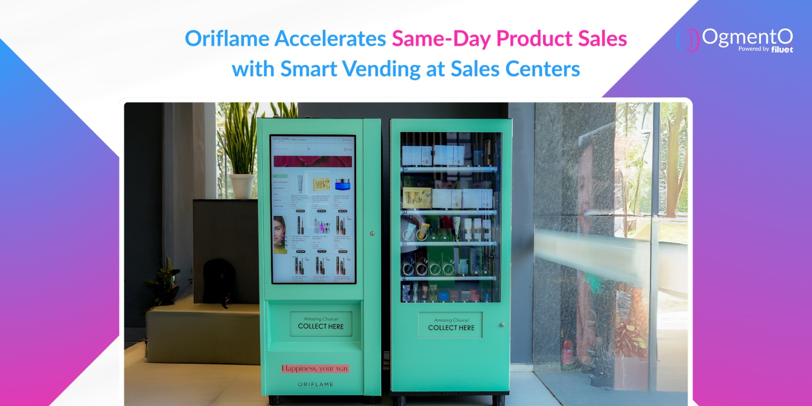 A smart vending machine displaying Oriflame products at an event booth, highlighting its versatile application.